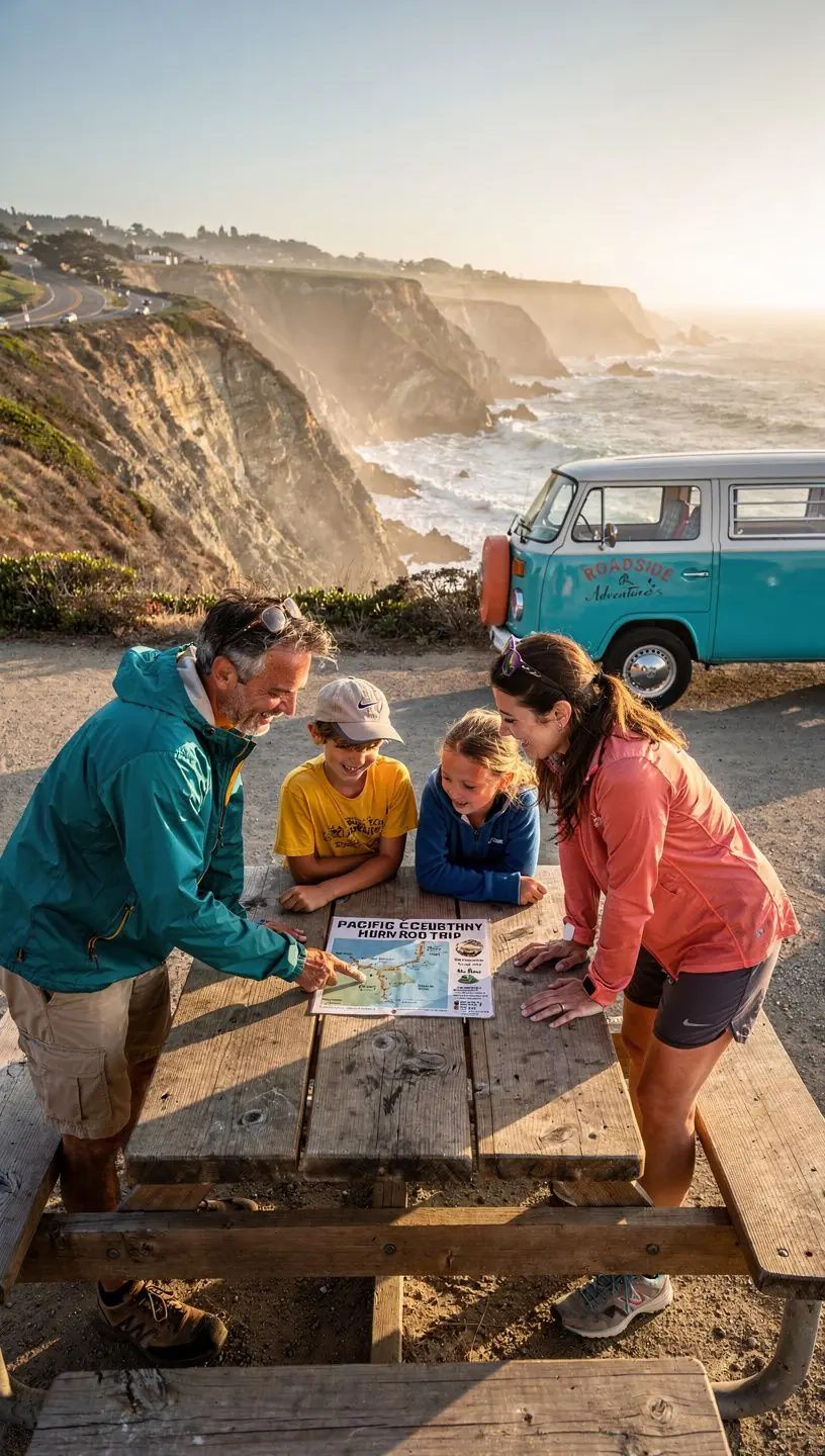 Ilustracja kolorowej mapy z zaznaczonymi atrakcjami turystycznymi.