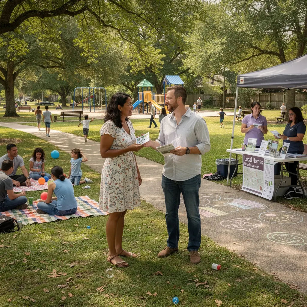 Grupa ludzi rozmawiająca o możliwościach wynajmu mieszkań w parku.